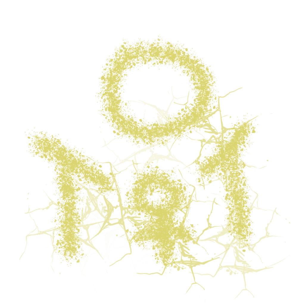 A scrawled image in yellow material. Beneath a circle, two crooked cross shapes stand. Between the cross shapes is a circle atop a cross.
